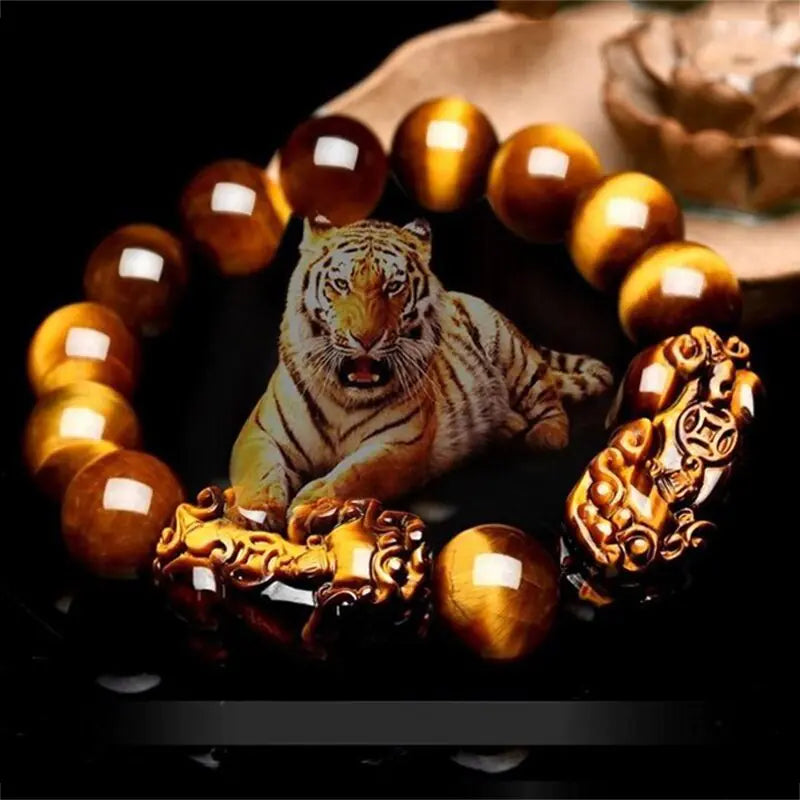 Pulsera de Ojo de Tigre Natural con símbolos Feng Shui